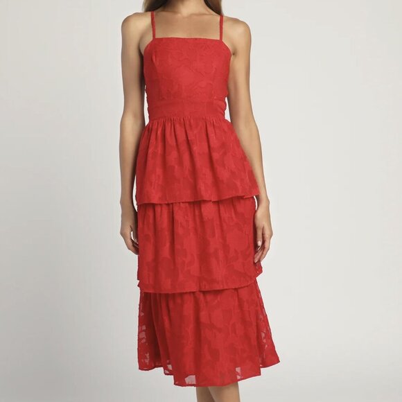 NWT Lulus Grace and Beauty Red Burnout Floral Print Tiered Dress - Picture 1 of 8